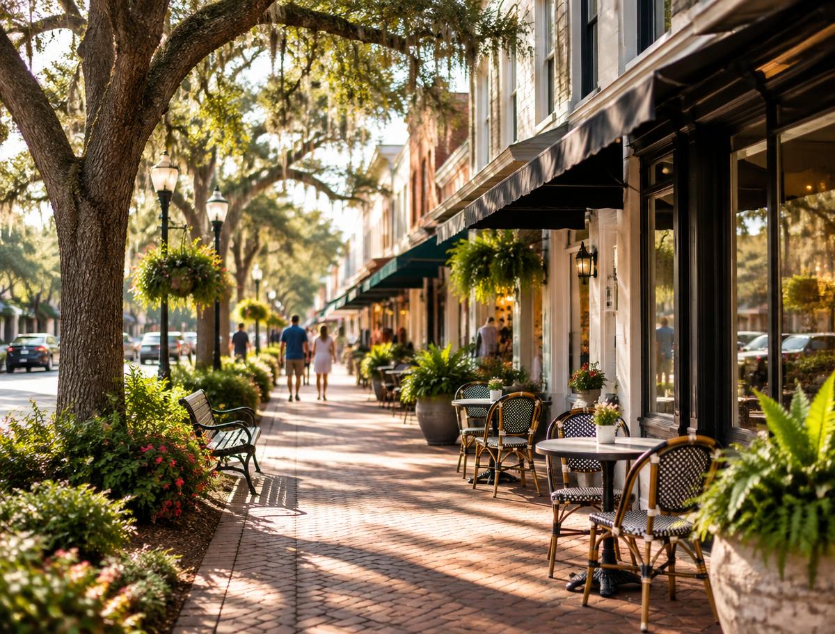 Walkable Central Florida downtown with shaded sidewalks, local storefronts, and outdoor dining